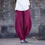 Women High Elastic Waist Lantern Pantalon Loose Baggy Pockets Cargo Pants Solid Cotton Linen Long Wide Leg Trousers