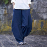 Women High Elastic Waist Lantern Pantalon Loose Baggy Pockets Cargo Pants Solid Cotton Linen Long Wide Leg Trousers