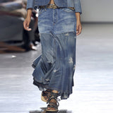 hulianfu Hyperbolic Patchwork Tiered Ruffle Denim Skirt