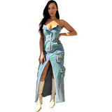 Blue Cool High Split Bandeau Denim Maxi Dress