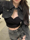 hulianfu Black Denim Smart Irregular Crop Jacket