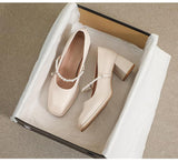 Mary Jane Shoes Retro Simple Single Shoes Square Toe Thick Heel Pearl High Heel