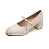 Mary Jane Shoes Retro Simple Single Shoes Square Toe Thick Heel Pearl High Heel