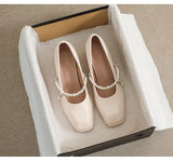Mary Jane Shoes Retro Simple Single Shoes Square Toe Thick Heel Pearl High Heel