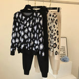 Amolapha Women Knit Leopard Pullover Sweaters+Pants Sets Woman Fashion Jumpers Trousers 2 PCS Costumes Outfit 201007