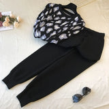 Amolapha Women Knit Leopard Pullover Sweaters+Pants Sets Woman Fashion Jumpers Trousers 2 PCS Costumes Outfit 201007