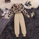 Amolapha Women Knit Leopard Pullover Sweaters+Pants Sets Woman Fashion Jumpers Trousers 2 PCS Costumes Outfit 201007