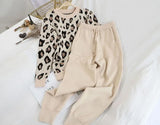 Amolapha Women Knit Leopard Pullover Sweaters+Pants Sets Woman Fashion Jumpers Trousers 2 PCS Costumes Outfit 201007