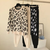 Amolapha Women Knit Leopard Pullover Sweaters+Pants Sets Woman Fashion Jumpers Trousers 2 PCS Costumes Outfit 201007