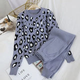 Amolapha Women Knit Leopard Pullover Sweaters+Pants Sets Woman Fashion Jumpers Trousers 2 PCS Costumes Outfit 201007
