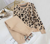 Amolapha Women Knit Leopard Pullover Sweaters+Pants Sets Woman Fashion Jumpers Trousers 2 PCS Costumes Outfit 201007