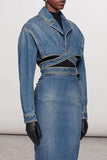 hulianfu Blue Denim Unique Criss Cross Strappy Jacket