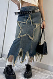 hulianfu Star Applique Tassel Chic Irregular Denim Skirt