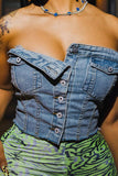 hulianfu Solid Color Simple Button Thru Denim Camisole