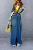 hulianfu Gradient Urban High Split Denim Skirt