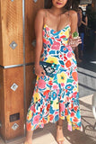 hulianfu Floral Printed Summer Backless Mid Calf Dress With Pocket