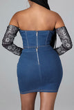 hulianfu Paisley Patchwork Bandeau Romantic Denim Dress Suit