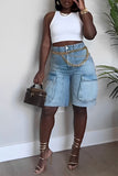 hulianfu Gradient Casual Multi Pocket Denim Shorts