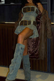 Solid Color Urban Pleated Denim Mini Dress With Belt