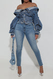 hulianfu Patchwork Off Shoulder Versatile Denim Jacket