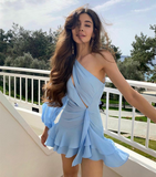 hulianfu Elegant Short One Shoulder Chiffon Evening Dresses A-Line Sky Blue Ruffled Cocktail Party Dress Robes de soirée for Women