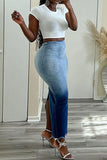 hulianfu Gradient On-trend Split Back Denim Skirt