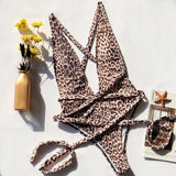 hulianfu One Piece Leopard Print Hollow Strap Swimsuit