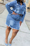hulianfu Beaded Decor Elegant Ripped Denim Dress Suit