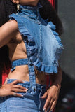 hulianfu Whimsical Ruffle Bandage Denim Camisole