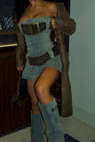 Solid Color Urban Pleated Denim Mini Dress With Belt