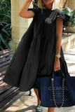 hulianfu Casual Patchwork Solid Basic O Neck Cake Skirt Dresses(7 Colors)