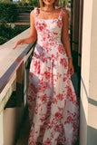 Fashion Sweet Print Patchwork Spaghetti Strap A Line Dresses