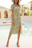 hulianfu Elegant Floral Slit V Neck A Line Dresses