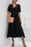 hulianfu Elegant Solid Patchwork With Belt V Neck Cake Skirt Dresses