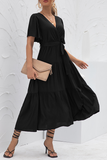 hulianfu Elegant Solid Patchwork With Belt V Neck Cake Skirt Dresses