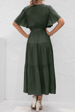 hulianfu Elegant Solid Patchwork With Belt V Neck Cake Skirt Dresses