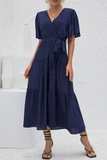 hulianfu Elegant Solid Patchwork With Belt V Neck Cake Skirt Dresses