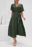 hulianfu Elegant Solid Patchwork With Belt V Neck Cake Skirt Dresses
