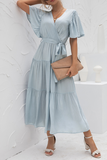 hulianfu Elegant Solid Patchwork With Belt V Neck Cake Skirt Dresses