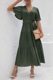 hulianfu Elegant Solid Patchwork With Belt V Neck Cake Skirt Dresses