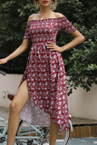 hulianfu Elegant Floral Split Joint Off the Shoulder A Line Dresses