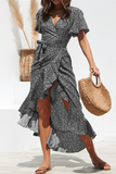 Elegant Print Frenulum Flounce V Neck Irregular Maxi Dresses