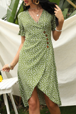 hulianfu Elegant Print Buckle V Neck Irregular Dress Dresses