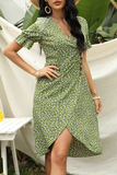 hulianfu Elegant Print Buckle V Neck Irregular Dress Dresses