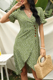 hulianfu Elegant Print Buckle V Neck Irregular Dress Dresses