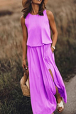 hulianfu Fashion Casual Solid Patchwork Slit O Neck Waist Skirt Dresses(8 Colors)