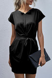 hulianfu Fashion Casual Solid Split Joint V Neck Pencil Skirt Dresses