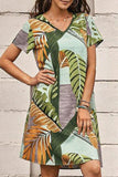 hulianfu Fashion Casual Print Split Joint V Neck A Line Dresses