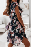 hulianfu Fashion Elegant Floral Split Joint Flounce O Neck A Line Dresses