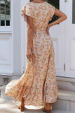 hulianfu Fashion Street Print Split Joint V Neck Waist Skirt Dresses
